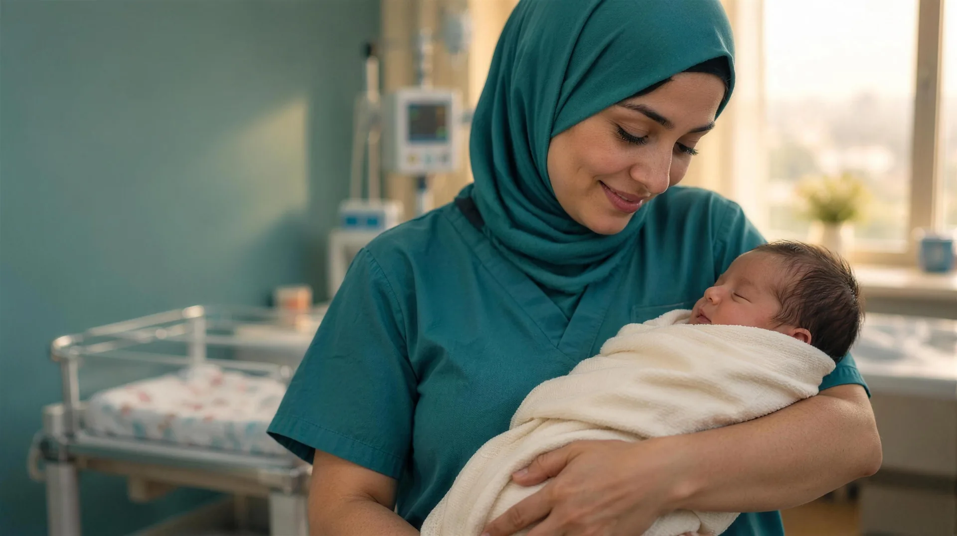 Smiling Arab nurse in a hospital setting, professional nursing care﻿