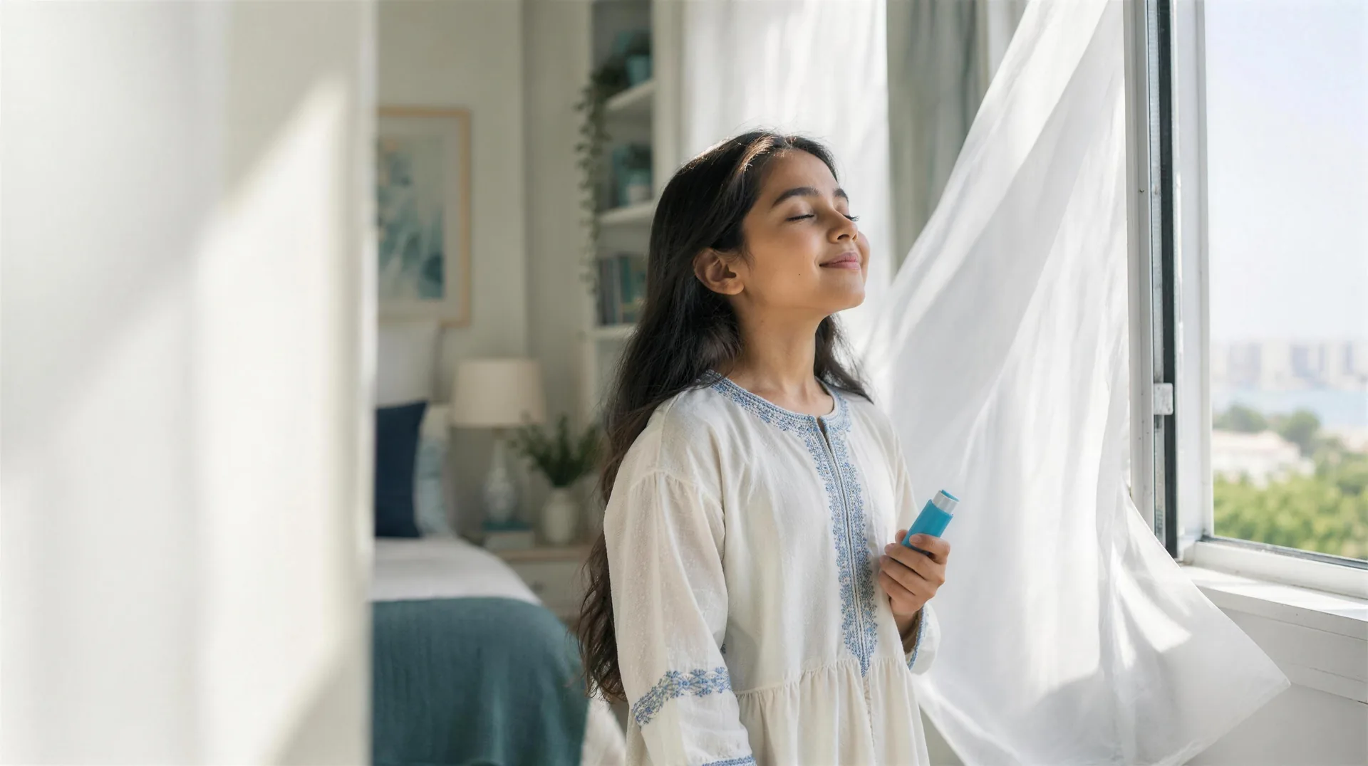 Child using inhaler during World Asthma Day, Asthma Care for All