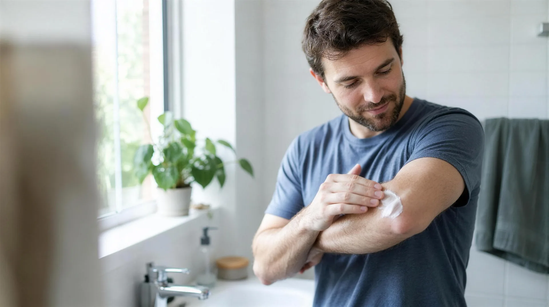 psoriasis awareness support man applying balm elbow, TheKnowHow UAE
