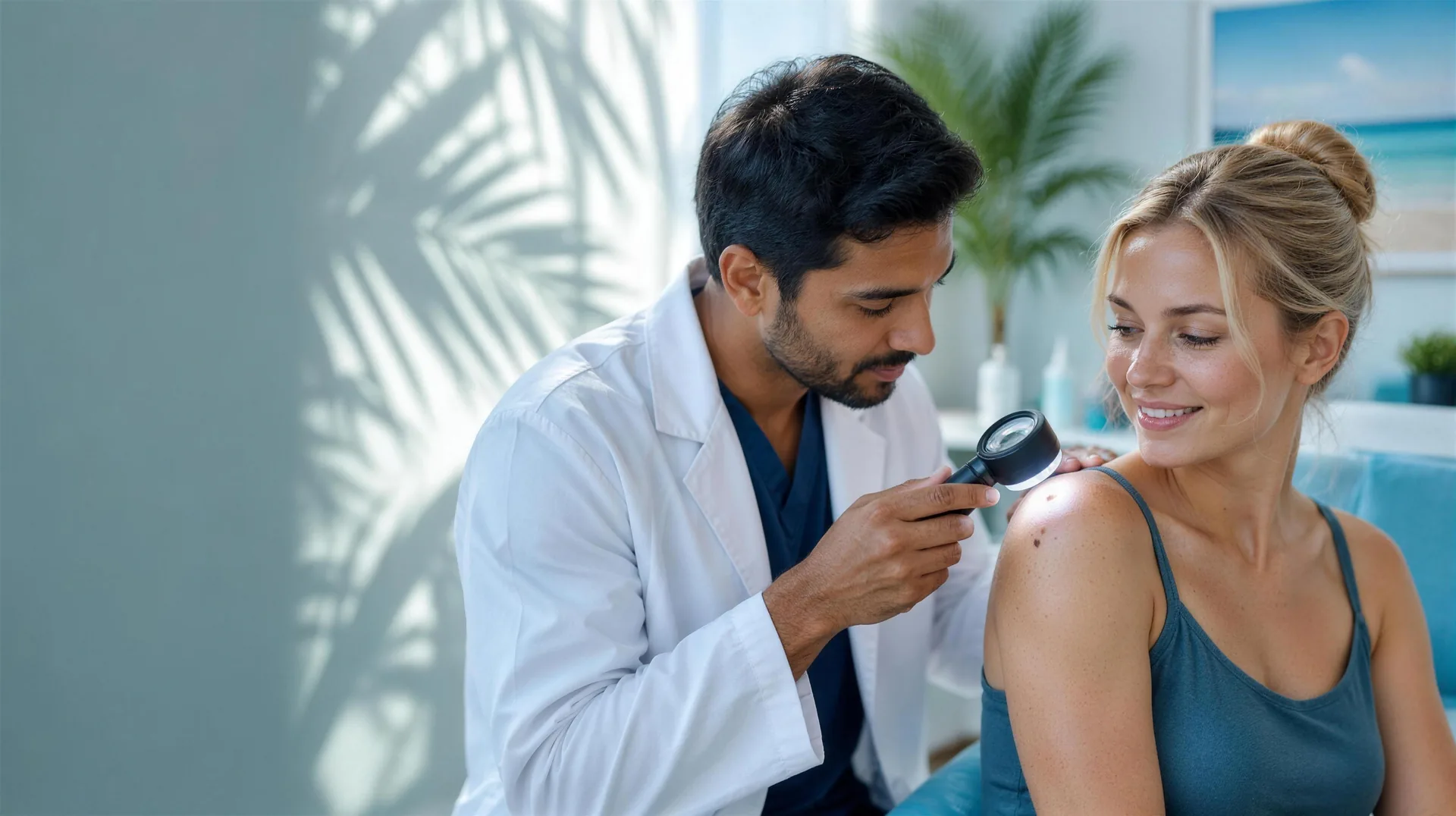 Woman checking skin under sunlight, promoting skin cancer awareness