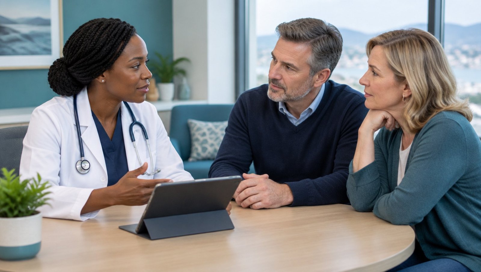 A doctor calmly explaining options to a patient and his wife in a consultation room